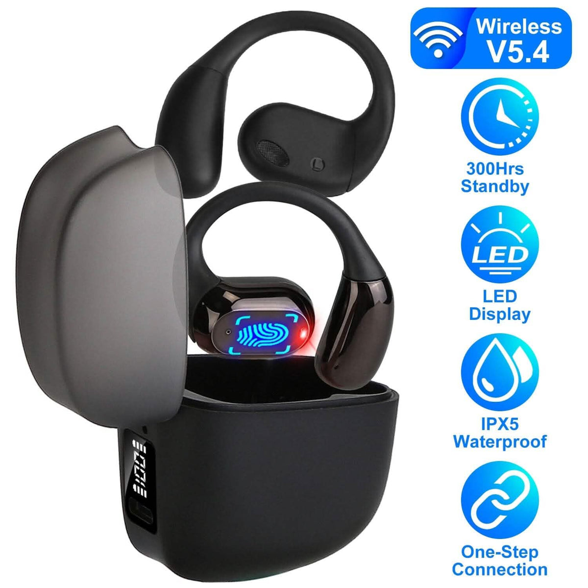 Open-Ear Bluetooth 5.4 Earbuds with LED Charging Case